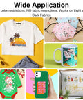 Colorful Glitter DTF Transfer Film Set Eight Point Five By Eleven Inches 30 Sheets for Sublimation Direct To Film Printing on Light and Dark T Shirts Textiles with Hot And Cold Peel and Easy Application used on textiles, mugs, and phone cases.