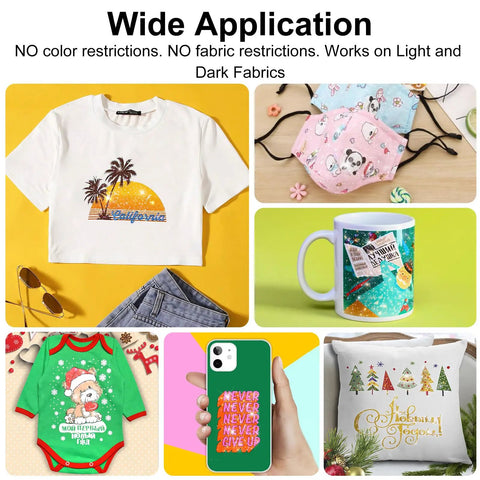 Colorful Glitter DTF Transfer Film Set Eight Point Five By Eleven Inches 30 Sheets for Sublimation Direct To Film Printing on Light and Dark T Shirts Textiles with Hot And Cold Peel and Easy Application used on textiles, mugs, and phone cases.