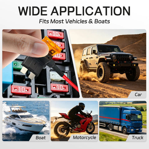 36 Piece Add A Circuit Fuse Tap Kit for 12V automotive wiring shown with car, truck, boat, and motorcycle for versatile use