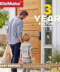 Father and son approaching door with Mechanical Door Lock With Handle Keypad Entry Left Handed Lever Lock for single-hole doors.