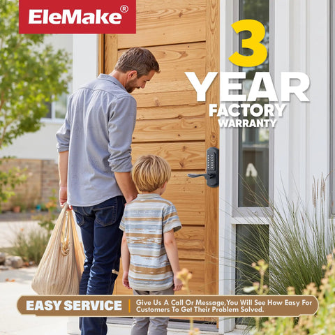 Father and son approaching door with Mechanical Door Lock With Handle Keypad Entry Left Handed Lever Lock for single-hole doors.