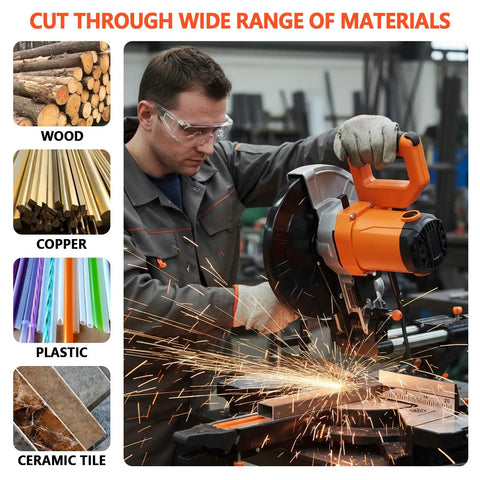 Heavy Duty 10 Inch Sliding Miter Saw With Dual Speed Motor And Razor Sharp Carbide Blade For No Sweat Cuts Quick Angle Adjustments Smooth Operator Build Etl Certified Power Tool cutting through wood, copper, plastic, and ceramic tile.