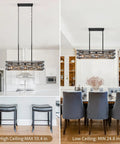 Farmhouse Style 33.5 Inch Five Light Linear Chandelier With Retro Wood Texture in kitchen and dining room