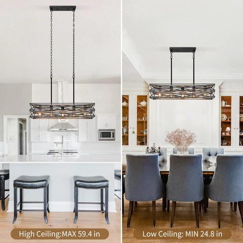 Farmhouse Style 33.5 Inch Five Light Linear Chandelier With Retro Wood Texture in kitchen and dining room