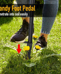 Person pressing foot pedal of Stand Up Weeder And Weed Puller Set 40 Inch with Foot Pedal Hand Weeder in lawn.