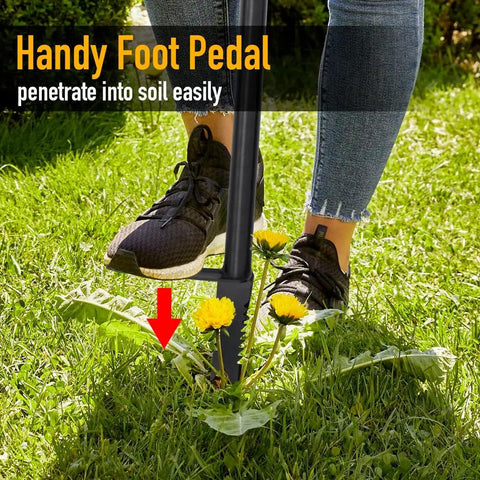 Person pressing foot pedal of Stand Up Weeder And Weed Puller Set 40 Inch with Foot Pedal Hand Weeder in lawn.