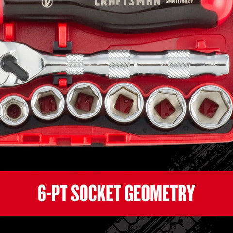 V-Series 38-Piece One Quarter Inch Drive Socket Set With 80-Tooth Low Profile Ratchet in nano case showing 6-point sockets