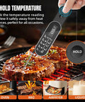 0.5 Second Instant Read Meat Thermometer With Rechargeable Battery in use on grilled steak, displaying temperature
