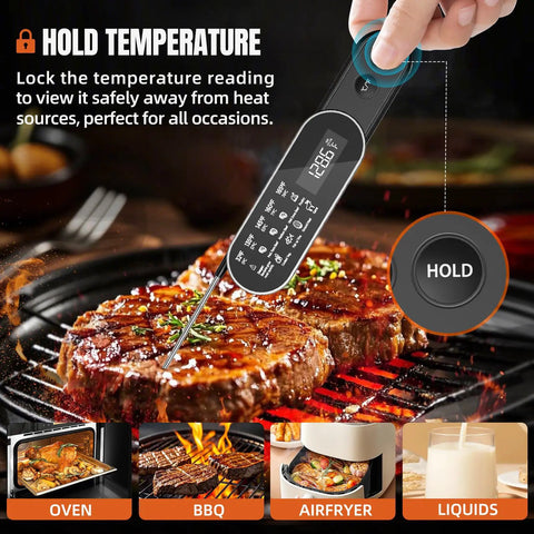 0.5 Second Instant Read Meat Thermometer With Rechargeable Battery in use on grilled steak, displaying temperature
