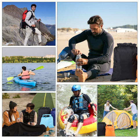 Collage of outdoors activities with Six Pack Ultralight Dry Bags For Outdoors, Roll Top Waterproof Sacks Made Of Polyester With PU Coating