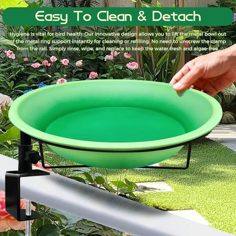 Heavy Duty Deck Mount Bird Bath And Feeder Combo With Snap Lock Railing Clamp, Detachable Green Gradient Basin being lifted for cleaning.