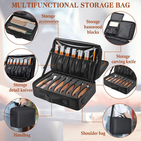 All In One Wood Carving Kit For Beginners 35 Piece Set With Whittling Knives Carving Chisels Basswood Blocks in storage bag