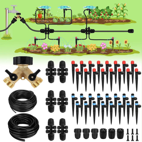 Easy Install Drip Irrigation Kit For Garden With Long Main And Branch Tubing Brass Splitter And Quick Connect, Kit Layout