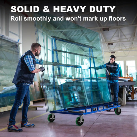 Two workers using Badass Heavy Duty 8 Inch Caster Wheels 2 Pack Polyurethane Tread On Cast Iron Core to move glass sheets.
