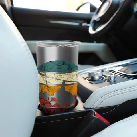 Retro Gyrocopter Aviation Insulated Stainless Steel Tumbler in car console with vintage gyrocopter graphic