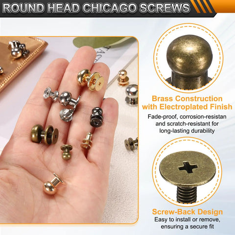 Badass Twenty Piece Round Head Button Stud Screws Seven Mm Brass Chicago Style Screws shown in hand for leather craft use.