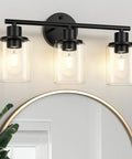 Three-Light Black Bathroom Wall Light With Clear Glass Shades, Modern Vanity Light Over Mirror, Farmhouse Style Sconce
