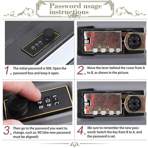 Password instructions for Hidden Book Safe With Combination Lock Vintage Faux Book Safe, showing steps to set combination.