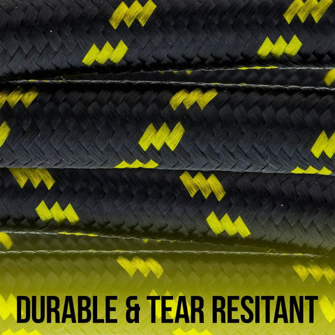Kickass 10 Ft Braided Airbrush Hose With Kink Free Flex And Snappy Zinc Connectors showcasing durable black and yellow braided material.