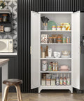Tall White Metal Pantry Cabinet With Door 75 Inch High Kitchen Storage Cupboard in modern kitchen setting with shelves open.
