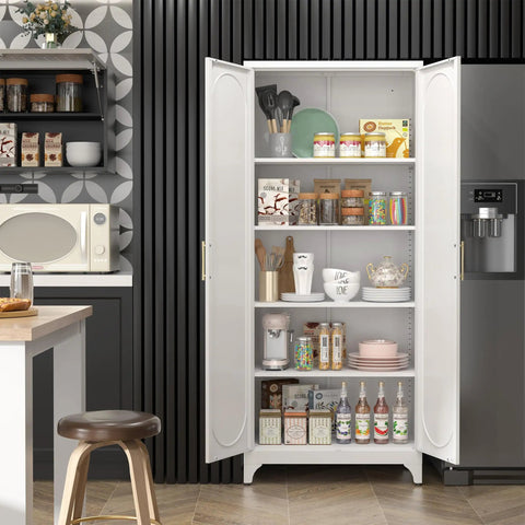 Tall White Metal Pantry Cabinet With Door 75 Inch High Kitchen Storage Cupboard in modern kitchen setting with shelves open.