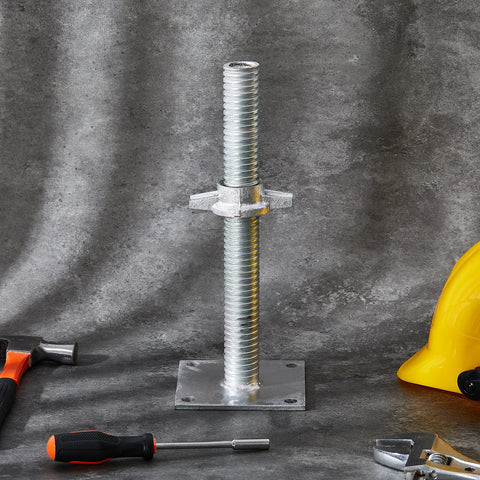 Heavy Duty Adjustable Leveling Jacks With Base Plate For Baker Scaffold System on gray background, close-up of galvanized steel jack.