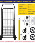Assembly components for Folding Shopping Cart With 200 Lb Capacity, including black metal frame, wheels, and hardware with instructions.