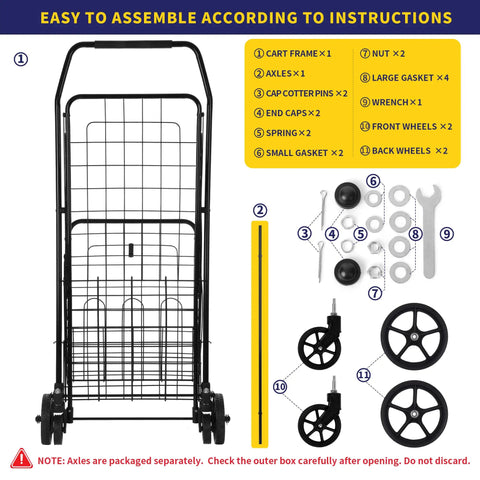 Assembly components for Folding Shopping Cart With 200 Lb Capacity, including black metal frame, wheels, and hardware with instructions.