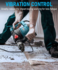 ENEACRO 1-1/4 in SDS-Plus rotary hammer drill, blue, with vibration control, shown chiseling concrete.