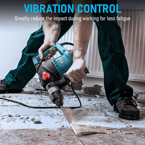 ENEACRO 1-1/4 in SDS-Plus rotary hammer drill, blue, with vibration control, shown chiseling concrete.