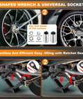 Heavy Duty Scissor Car Jack Kit For Tesla And SUV 2.5 Ton Capacity showing L-shaped wrench and socket for tire screws.