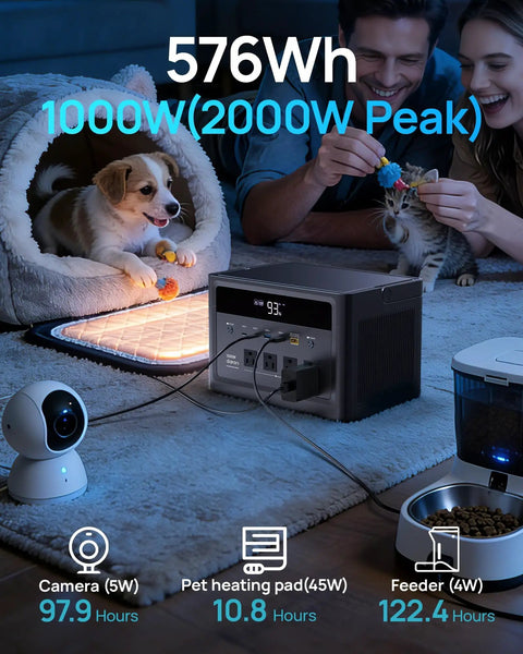 Go To 1000W Solar Generator With 2000W Peak, 576Wh LiFePO4 Battery Portable Power Station in use indoors with pets