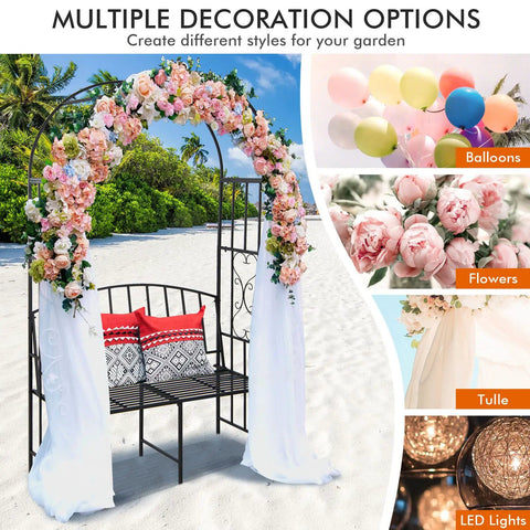 81 Inch Garden Arch With Bench Outdoor Arbor Trellis For Climbing Plants And Vines Two Seat Bench Supports Up To 660 Lbs Ideal Patio Pergola For Weddings Parties And Scenic Garden Entry Decor set on sand with floral decorations