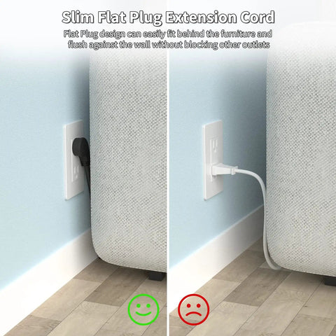 Comparison of 1875W 14 Gauge Flat Plug Extension Cord 10 Ft, 15A Black with regular plug against furniture, showcasing space-saving design.