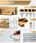 Pro Grade Wood Burning Kit With Letters For Pyrography Adjustable Temperature Pen Safety Stand 27 Tips With Cutting Blade Stencils And Deluxe Case For Easy DIY Wood Art components displayed, including stencils, tips, and pen.