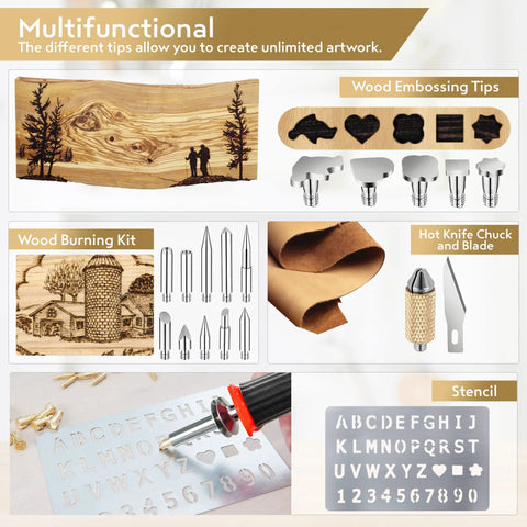 Pro Grade Wood Burning Kit With Letters For Pyrography Adjustable Temperature Pen Safety Stand 27 Tips With Cutting Blade Stencils And Deluxe Case For Easy DIY Wood Art components displayed, including stencils, tips, and pen.