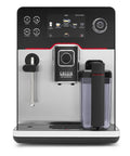 Top Tier Heavy Hitter Italian Fully Automatic Espresso Machine With Brushed Stainless Steel Housing and smart glass screen.