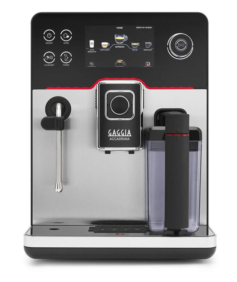 Top Tier Heavy Hitter Italian Fully Automatic Espresso Machine With Brushed Stainless Steel Housing and smart glass screen.