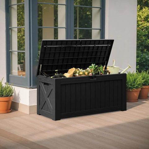 120 Gallon Resin Deck Box Waterproof Outdoor Storage Box For Patio Furniture, Garden Tools And Pool Gear, Large Imitation Wood Look, Black