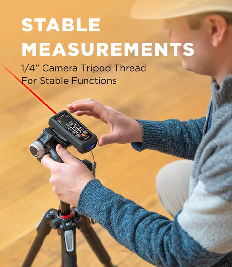165 Ft Laser Distance Meter With Ocean Blue Finish, Ultra Fast Measurements For Home Projects, Area, Volume And Height, Includes Protective Cover And Carpenter Pencil For Handy DIY Tasks. on tripod
