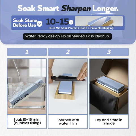 Pro-Grade Knife Sharpening Stone Kit With Dual Grit Whetstone 1000/6000, Bamboo Base, soaked, sharpened, stored on bamboo