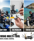 Nine In One Scuba Diving Travel Tool Set in 420 Stainless Steel and Brass used for BCD checks and valve repairs by divers