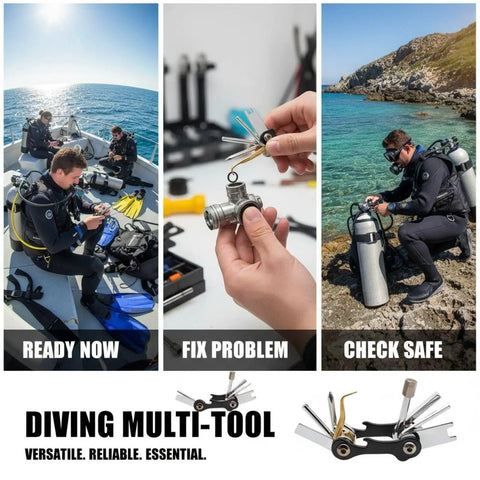 Nine In One Scuba Diving Travel Tool Set in 420 Stainless Steel and Brass used for BCD checks and valve repairs by divers