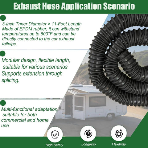 3-Inch Inner Diameter 11-Foot Heavy Duty Car Exhaust Hose With Two Clamps For Garage Or Auto Shop EPDM Rubber 600F Heat Resistant.