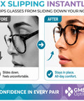 Comparison of before and after using Ultra Thin Silicone Nose Pads For Glasses 1.3mm 18mm Large Non Slip Grips with Super Sticky Adhesive Backing.