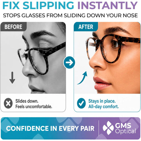 Comparison of before and after using Ultra Thin Silicone Nose Pads For Glasses 1.3mm 18mm Large Non Slip Grips with Super Sticky Adhesive Backing.