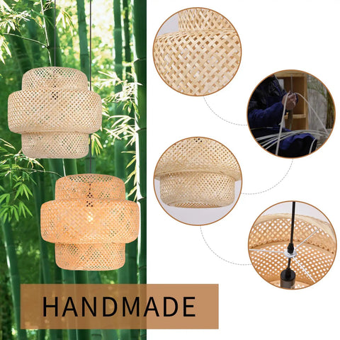 Bamboo Pendant Light For Kitchen Island And Living Room, Rattan Handwoven Hanging Fixture, natural bamboo lampshade 35cm x 35cm