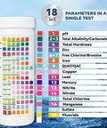 18 In 1 Water Test Strips Kit For Home And Well Water, 125 Strips, showing test parameters and color chart on the bottle label.