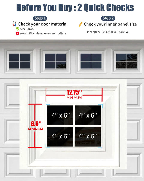 Faux Mirror Garage Window Panels Kit, 32-Piece Magnetic Window Inserts For 2-Car Garage Doors, size check instructions