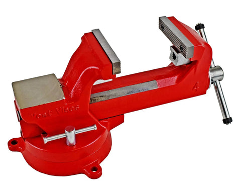 Heavy Duty 4 Inch Bench Vise Built Tough With 130,000 PSI Austempered Ductile Iron, 360 Degree Interlocking Swivel Base, Replaceable Machinist And Pipe Jaws, 2 Lockdowns, Red